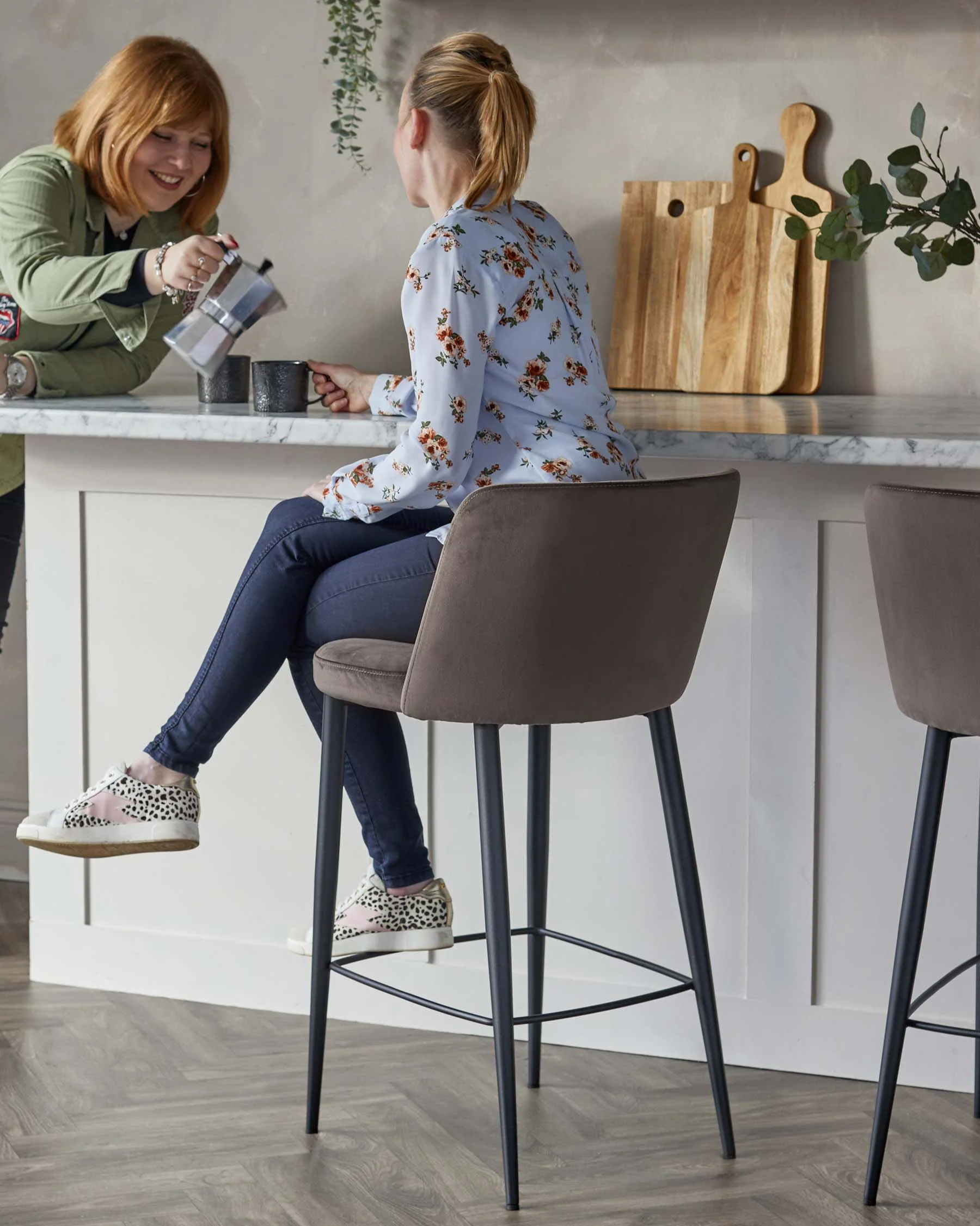 Trinny Black Metal Bar Stool in Mocha Plush Velvet - Image 8