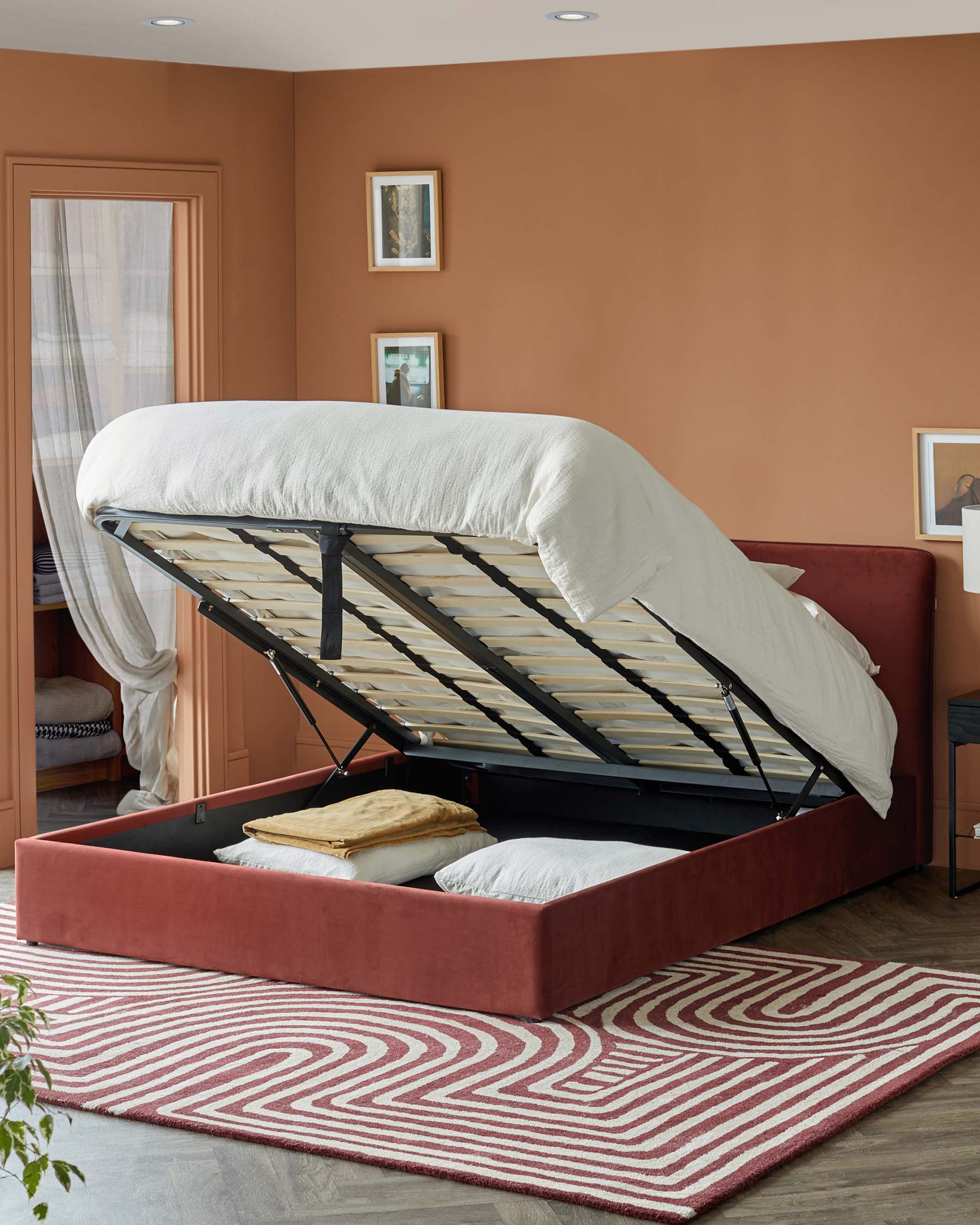 Turin red recycled velvet king size ottoman storage bed - Image 2