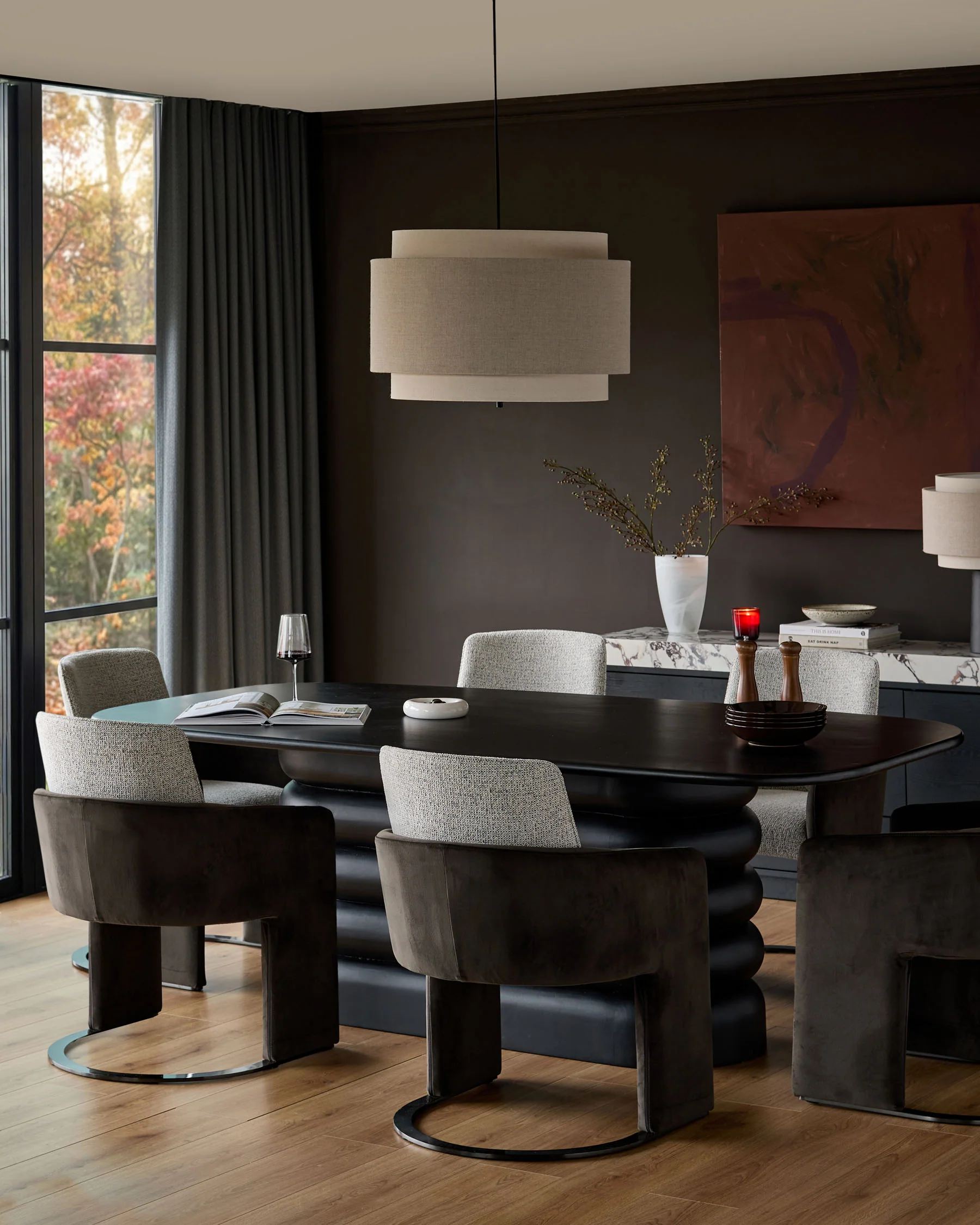 Wren grey fabric and dark chocolate velvet black steel cantilever dining chair - Image 2