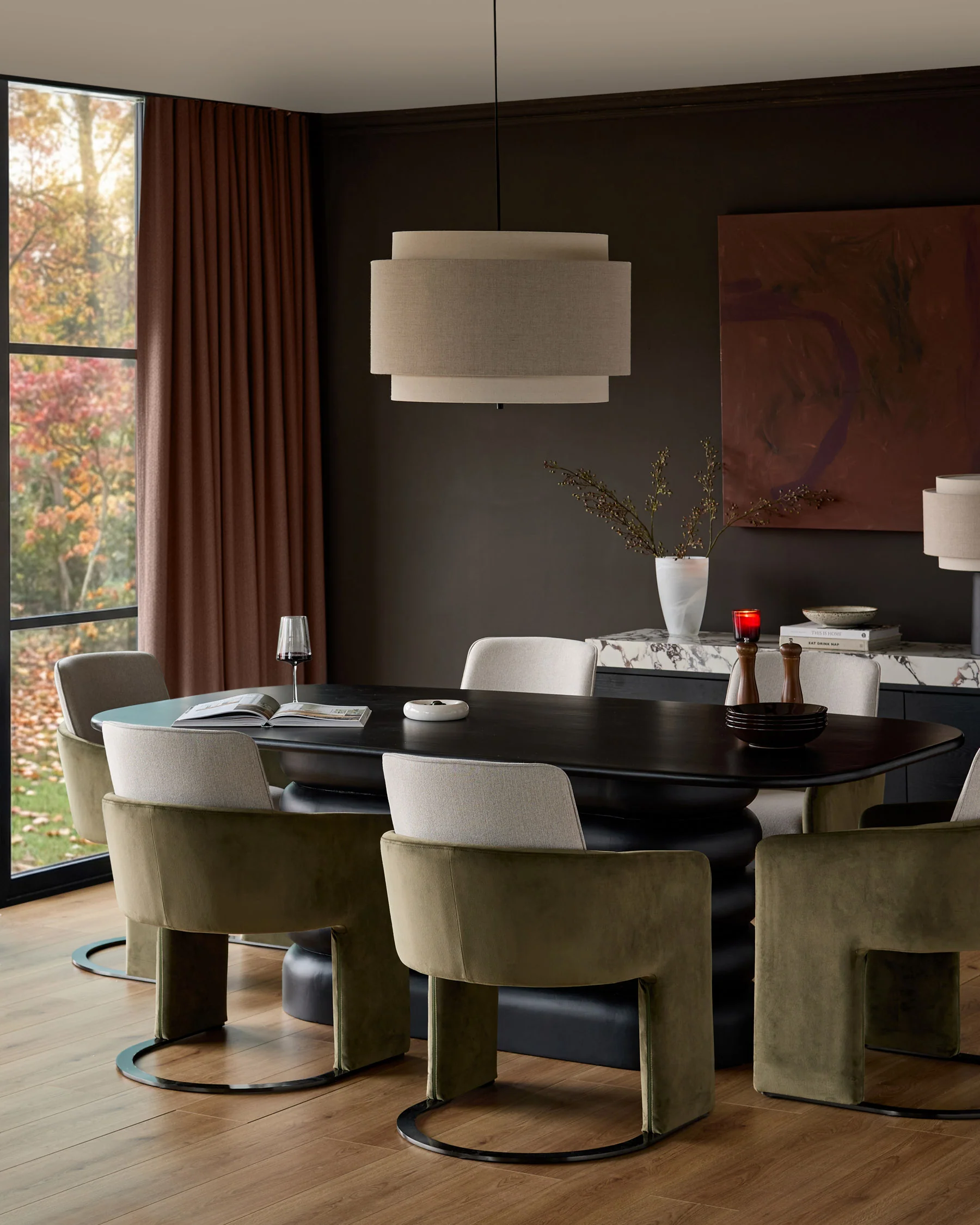Wren natural fabric and olive green velvet black steel cantilever dining chair - Image 2