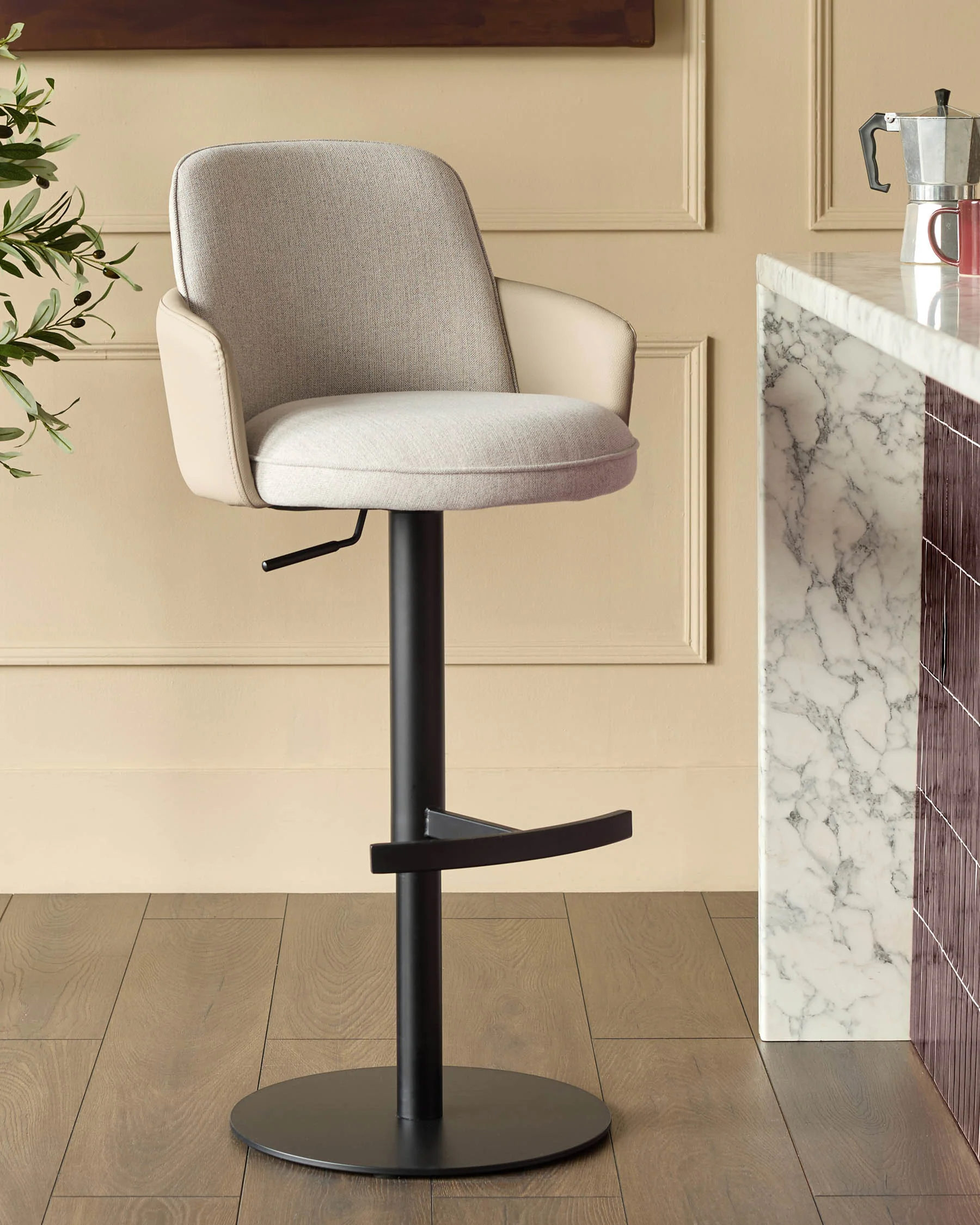 Wren natural fabric and natural faux leather gas lift bar stool