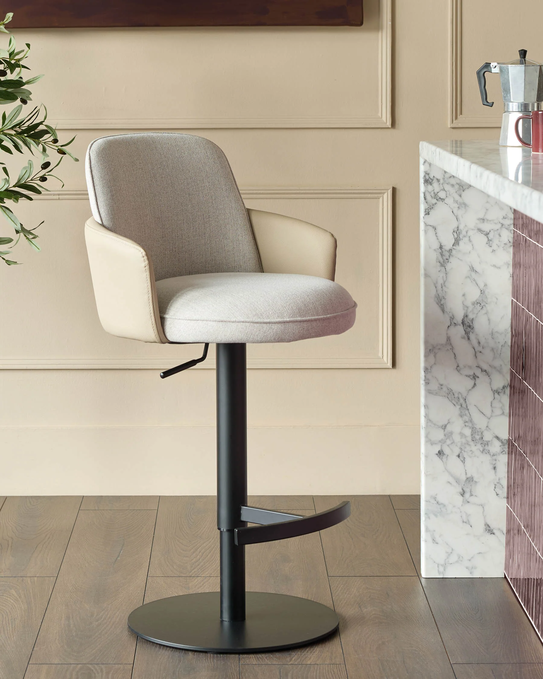 Wren natural fabric and natural faux leather gas lift bar stool - Image 2